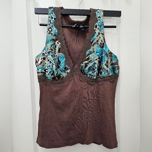 Adorable Bisou Bisou Silky Green & Turquoise Top Brown Tank Top Size XL